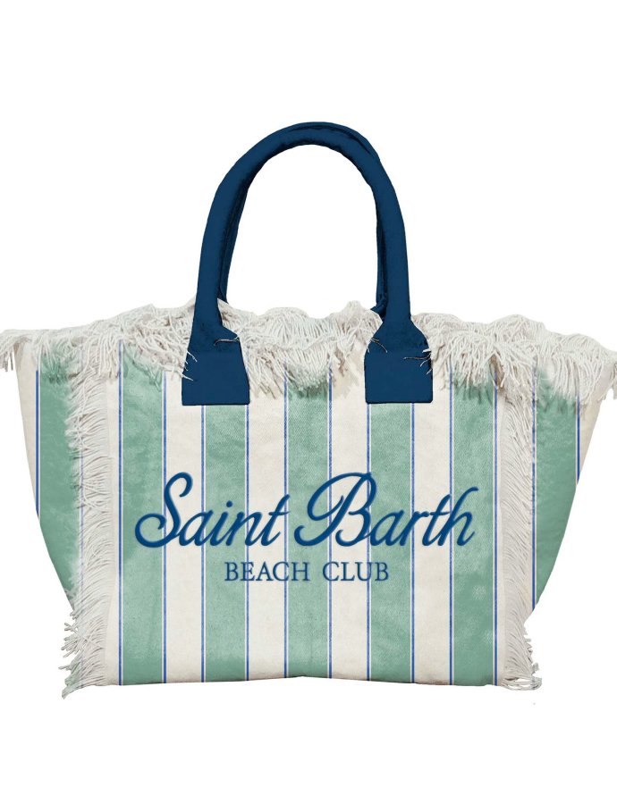 Canvas vanity regular bag with sage green stripes and blue details