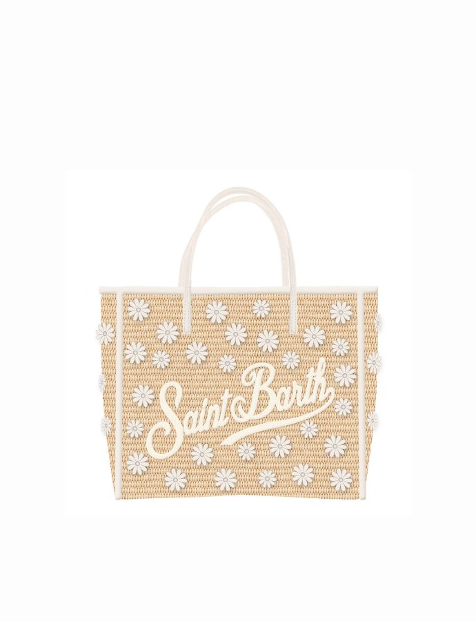 Vivian straw effect bag with floral appliqués