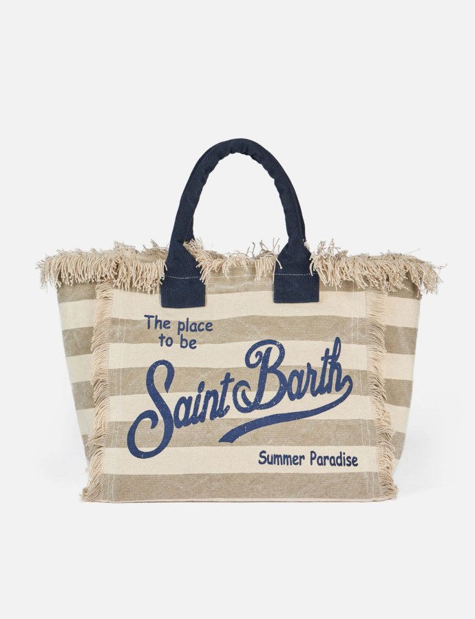 Vanity beige striped cotton canvas tote bag