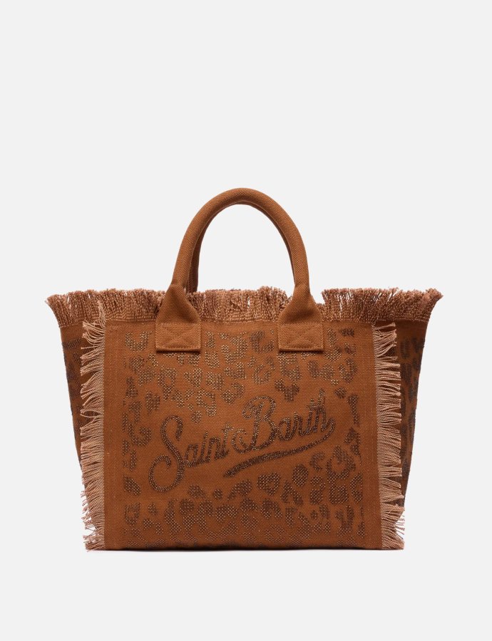 Brown cotton canvas vanity tote bag with leopard rhinestone embellishment