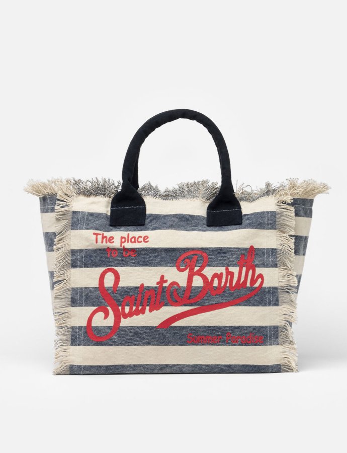 Vanity cotton canvas tote bag with navy blue striped print