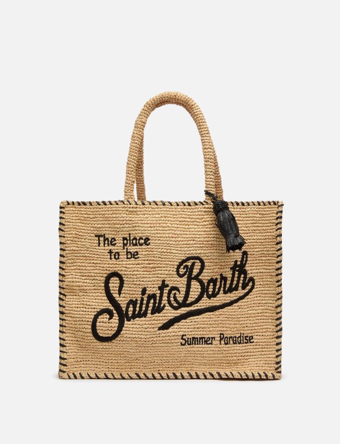Vanity natural beige raffia shoulder bag with black trim