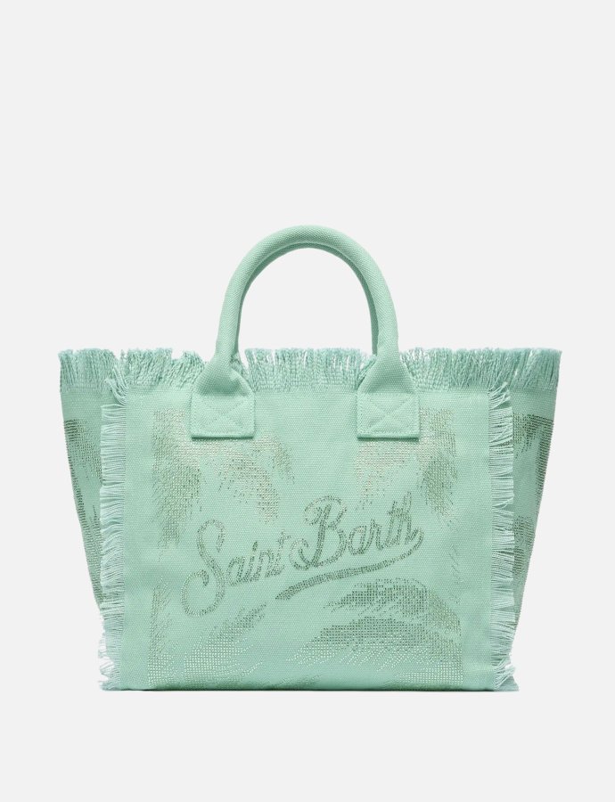 Vanity sage green cotton canvas tote bag with palm rhinestone embellishment