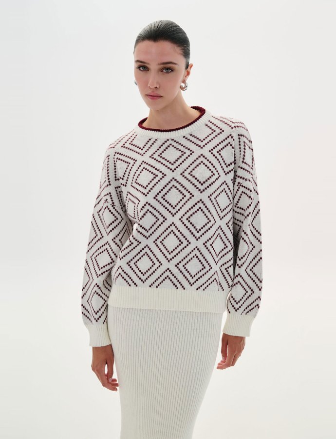 Rhombus knit blouse ecru-bordeaux