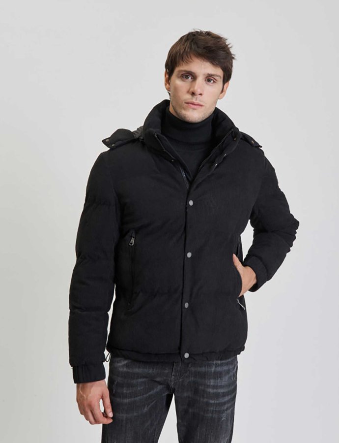Cord padded hooded jacket black