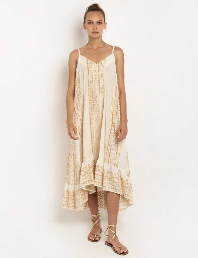 Long asymmetric embroidered dress natural-gold
