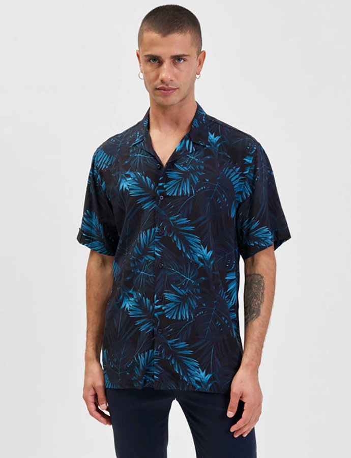 Hawaiian shirt leaves print navy