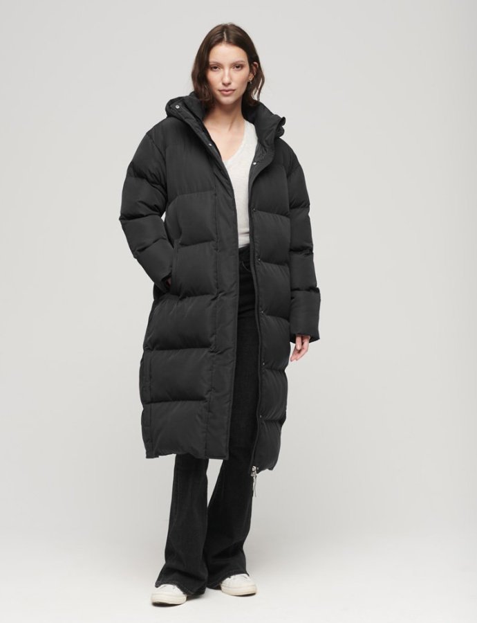 Longline hooded puffer coat black