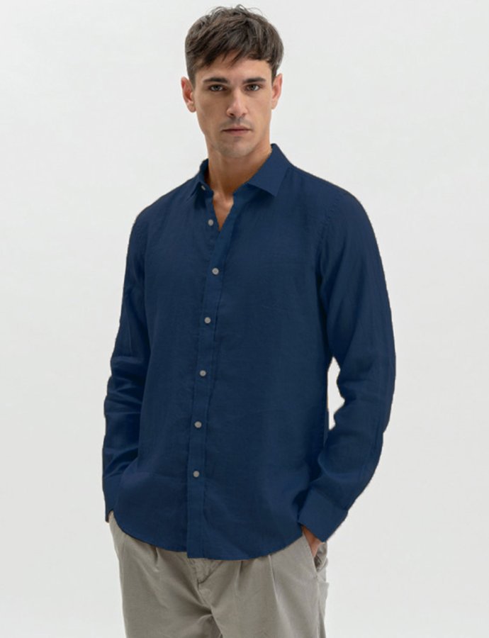 Linen collar shirt deep blue