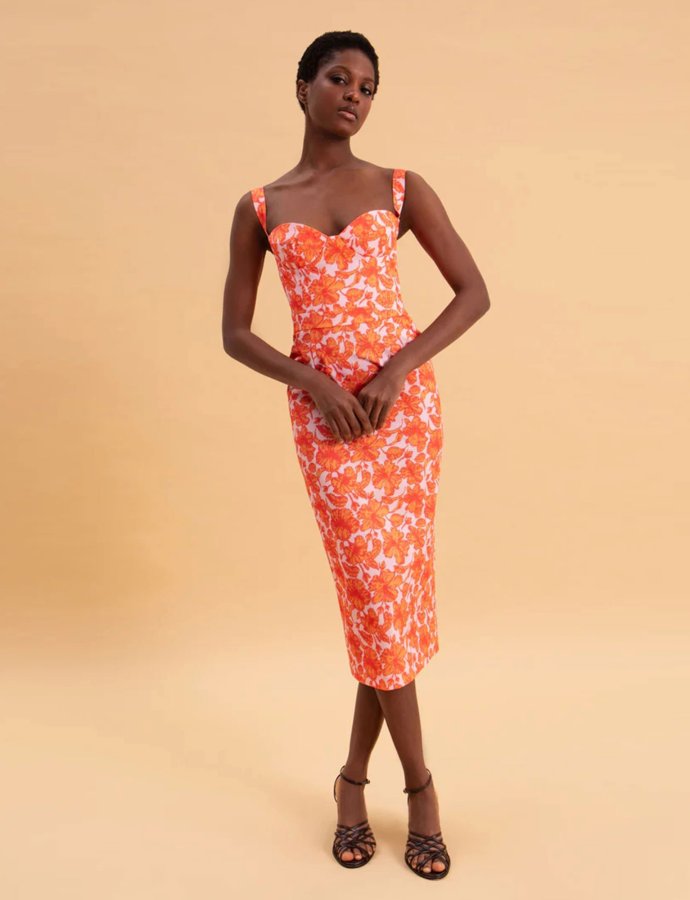 Coral hibiscus midi dress