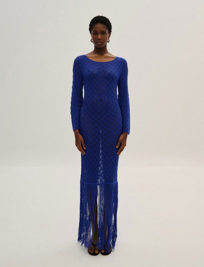 Maxi knit fringes dress blue