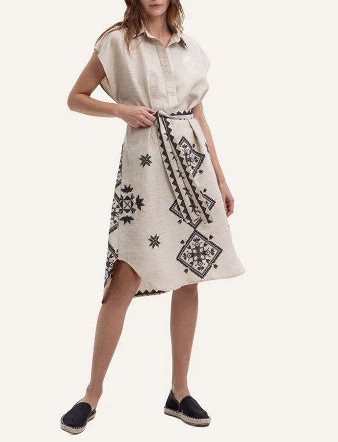 Lefkada embroidered chemise sleeveless dress beige-black