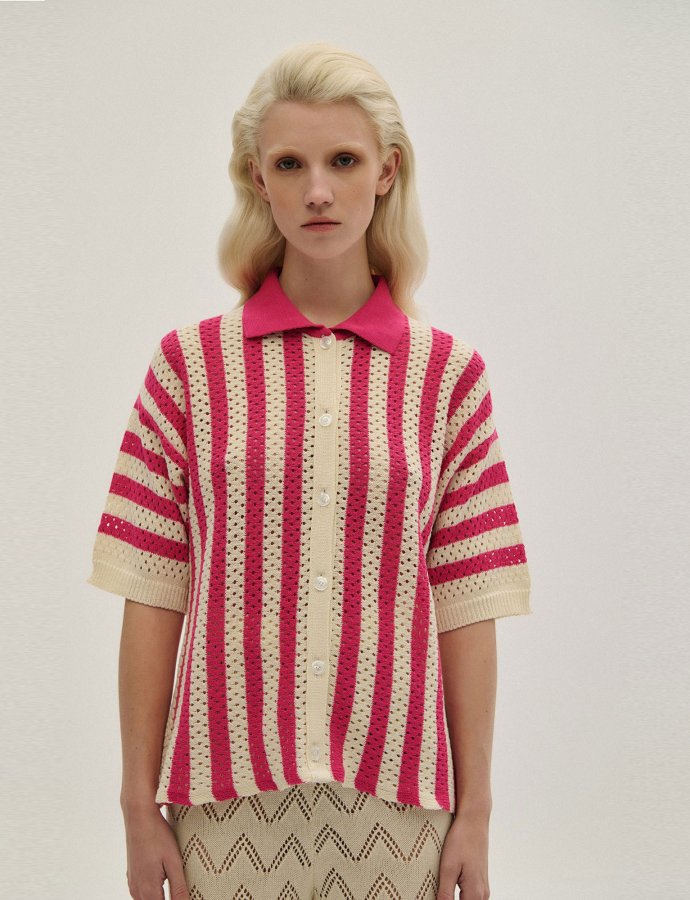 Knit stripped polo cardigan ecru-fuchsia