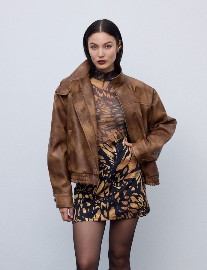 Leather faded brown oversized jacket
