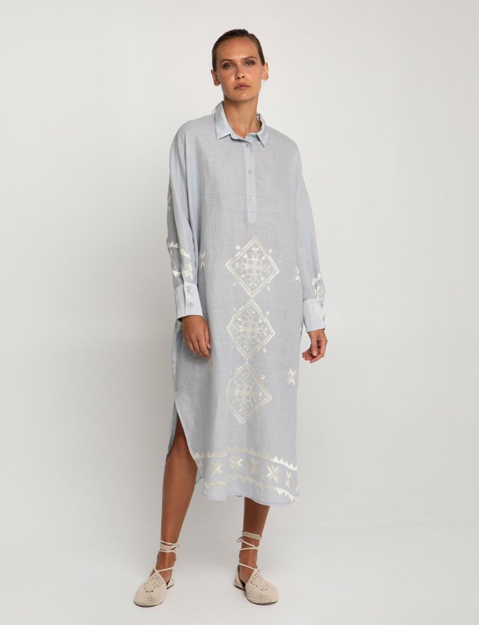 Lefkada embroidered chemise dress light grey-champagne