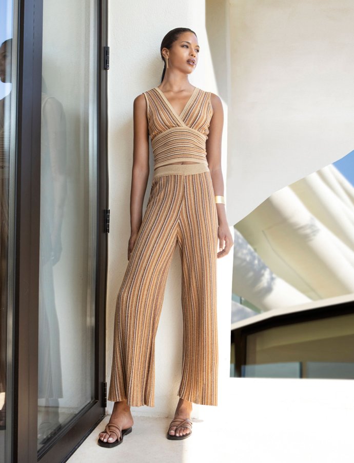 Lurex knit pants tan gold-bronze