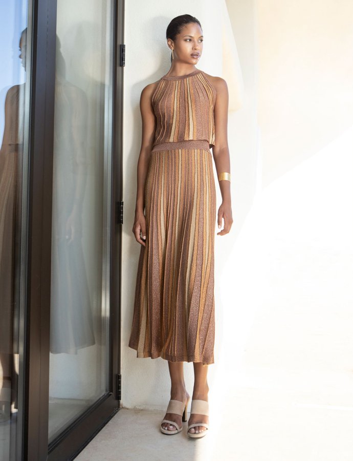 Lurex midi knit skirt tan gold-mocca