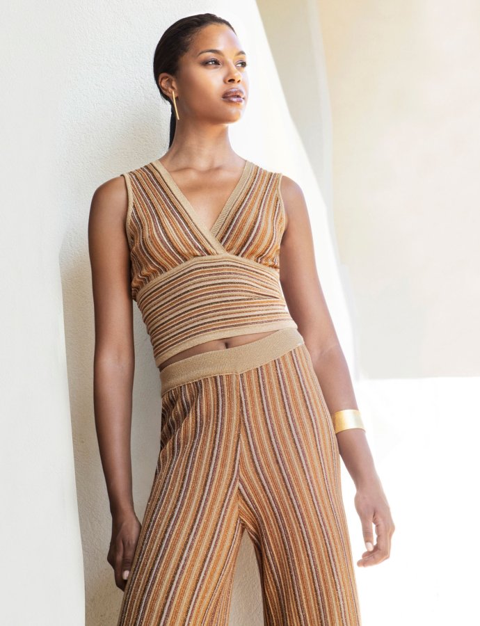Lurex sleeveless knit crop top tan gold-bronze