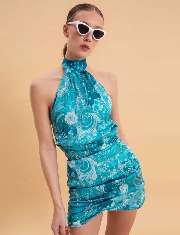 Paisley waves mini satin halterneck dress