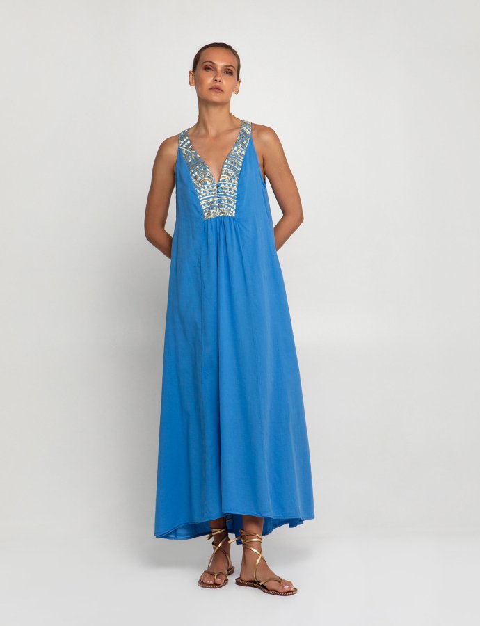 New triangle sleeveless embroidered maxi dress blue raf-gold