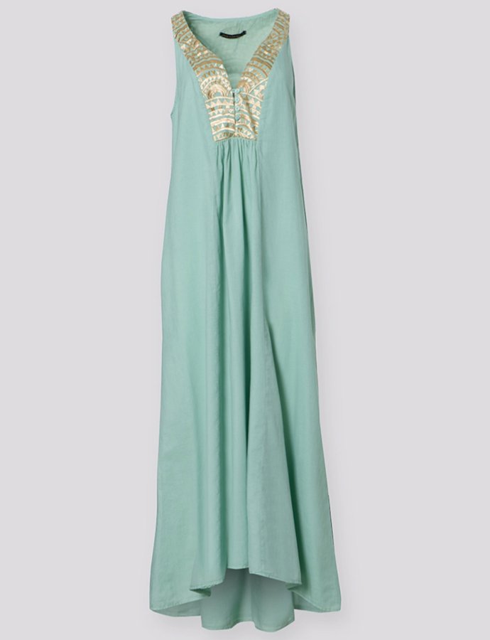 New triangle sleeveless embroidered maxi dress sea green-gold
