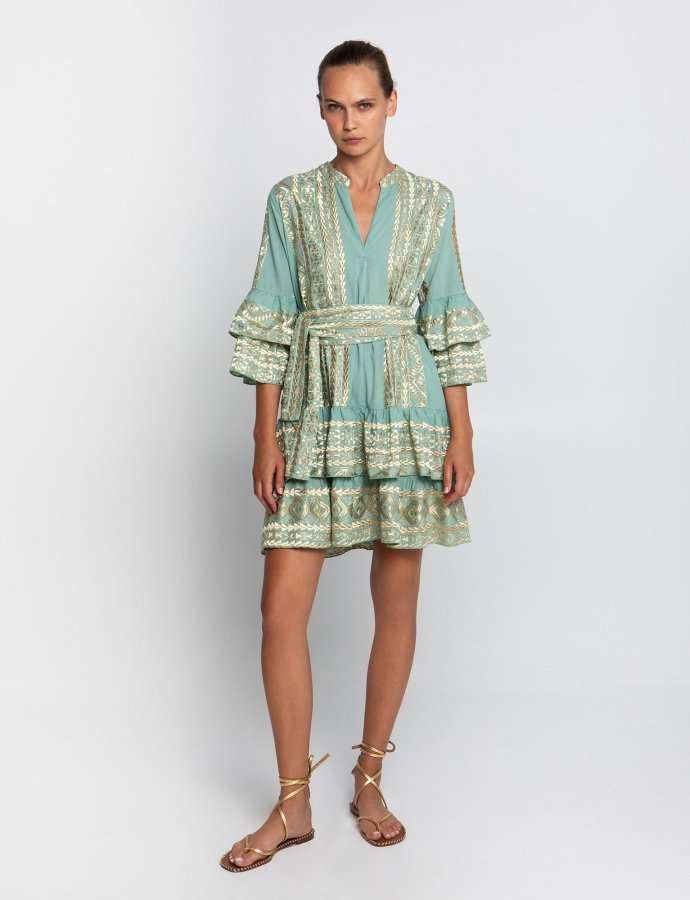 Classic triangle ruffled embroidered mini dress sea green-gold