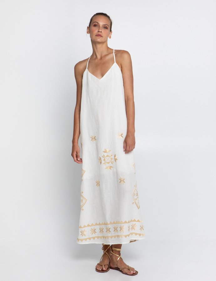 Lefkada open back embroidered maxi dress natural-gold