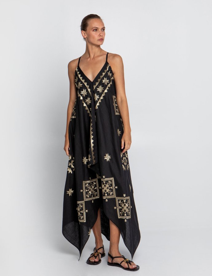 Lefkada asymmetric embroidered long dress black-gold