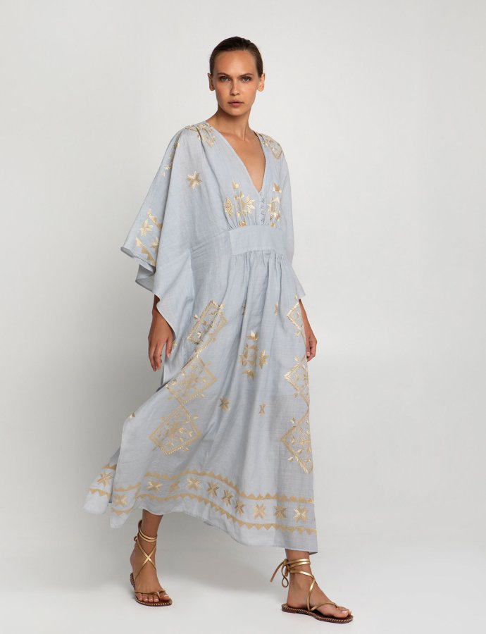 Lefkada embroidered kaftan dress light grey-gold