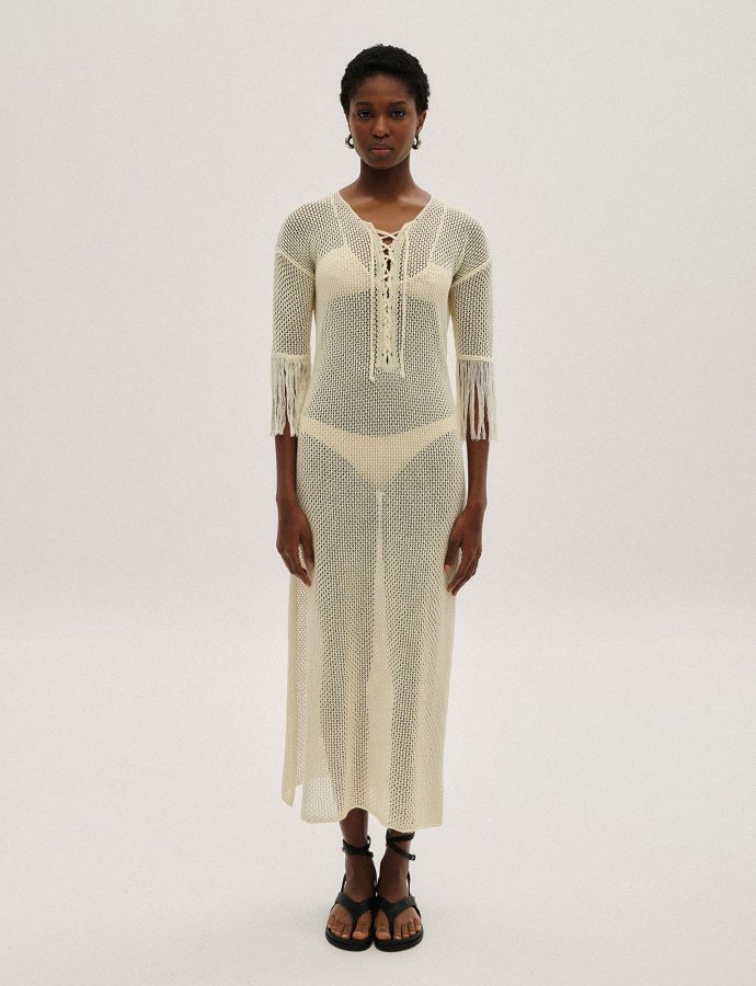 See through fringes dress ecru