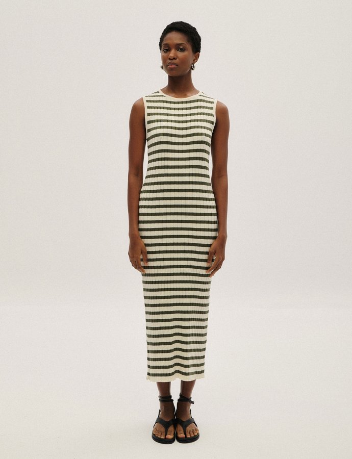 Stripped midi dress ecru-khaki