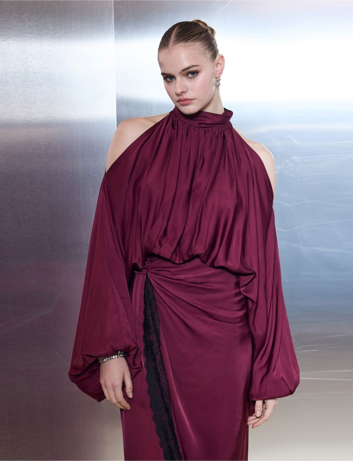 Sweet romance satin shirt wine red