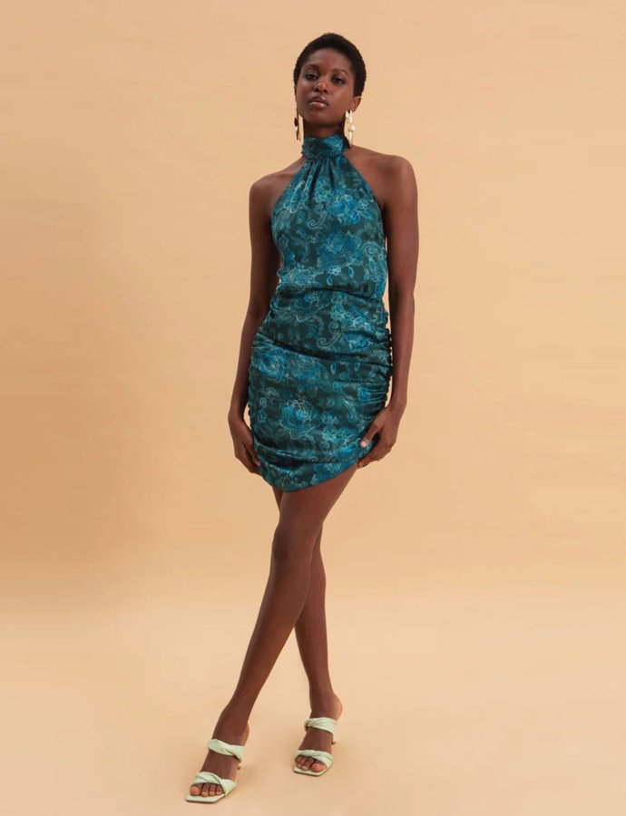 Teal elegance mini satin halterneck dress